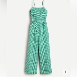 J.Crew tie waist linen jumpsuit gingham green white checkered tie belt